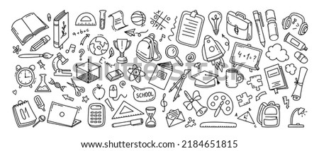 Back to school doodle a large set of elements. Vector illustration in line  Royalty-Free Stock Photo #2184651815