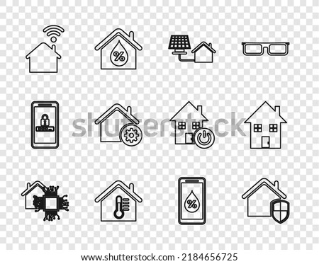 Set line Smart home, House under protection, with solar panel, temperature, wi-fi, settings, Humidity for smart and  icon. Vector