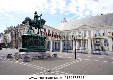 Noordeinde Palace and equestrian statue of Wilhelm I in the center of The Hague, Netherlands Royalty-Free Stock Photo #2184676745