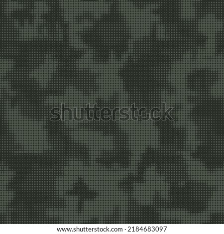 Abstract halftone seamless camouflage texture. Dot pattern in dark khaki green colors, camo digital two color background. Vector wallpaper Royalty-Free Stock Photo #2184683097