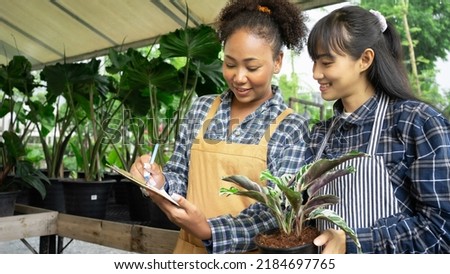  Portrait of mixed-races beautiful women partner owner standing in own tree shop and smiling to camera. Asian and African American females business partners working garden store. Business concept. Royalty-Free Stock Photo #2184697765