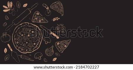 Background with pizza with utensils and cooking ingredients. Hand drawn collection. Vector illustration. 