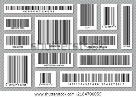 Set of product barcodes. Identification tracking code. Serial number, product ID with digital information. Store or supermarket scan labels, price tag. Vector illustration.