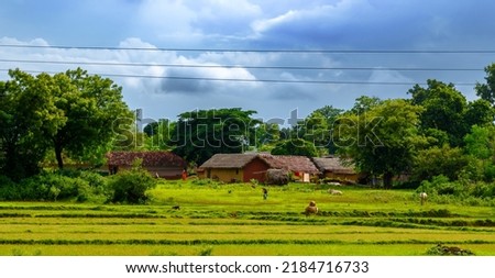 Landscape View of Agricultural Field with Mud Houses in Rural India. Selective Focus is used. Royalty-Free Stock Photo #2184716733