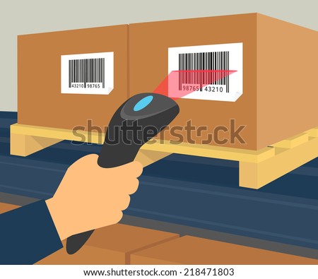 Operator hand holds scanner doing scan of a box with barcode at warehouse shelves with pallet of goods for delivery. Flat vector scanner illustration of barcode scan process during warehouse inventory