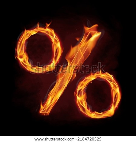 Fire alphabet percent symbol "%" percentage sign made of fire flames, with red smoke behind, hot metal font in flames, isolated on black