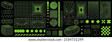 Rave psychedelic retro futuristic set. Surreal geometric shapes, abstract backgrounds and patterns, wireframe, cyberpunk elements and perspective grids. Vector elements and signs in trendy psychedelic Royalty-Free Stock Photo #2184731299