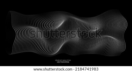 3D Vector wave lines pattern smooth curve flowing dynamic white light isolated on black background for concept of technology, digital, communication, science, music