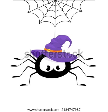 A spider in a witch's hat descends from spider web. Halloween concept. Vector illustration on a white background.