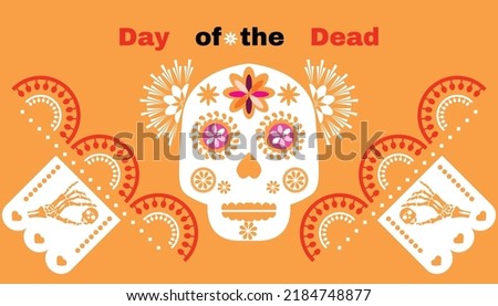 Dia de Los Muertos, Day of the Dead or Halloween greeting card,  banner, invitation. Sugar tatoo skulls, candle, maracas, guitar, sombrero and  marigold flowers, Catrina Calavera  Vector illustration.