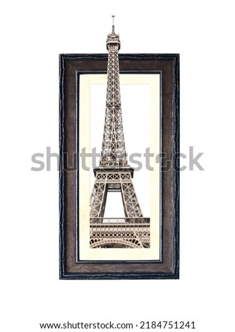 Famous landmark of Paris - Eiffel tower in wooden frame with 3d effect. Isolated on white background
