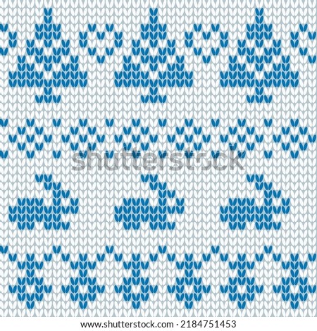Scandinavian ornamental christmas knitted pattern, blue snowflakes, rabbits, christmas trees