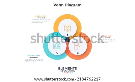 Venn chart with three overlapping circles or round elements. Concept of 3 areas or fields of strategic business plan. Simple infographic design template. Modern flat vector illustration for banner. Royalty-Free Stock Photo #2184762217