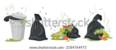 City trash bag. Rotting garbage in waste bag or street dustbins, full can bin pile rubbish accumulation dumpster overflow dump dirty food, cartoon trashcan neat vector illustration of waste garbage Royalty-Free Stock Photo #2184764973