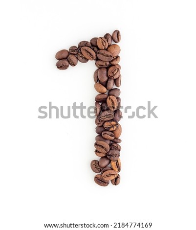 Number 1 made from coffee beans. Coffee font. Alphabet made from coffee beans. White background. Roasted coffee beans.