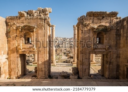 Ancient Roman City Jerash Jordan. Created 300 BC to 100 AD and a city through 600 AD. Not conquered until 1112 AD. Most original Roman City in the Middle East. Royalty-Free Stock Photo #2184779379