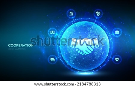 Partnership technology concept. Business partnership. Global cooperation network. Internet communication. Teamwork. World map point and line composition. Earth planet globe. Vector illustration. Royalty-Free Stock Photo #2184788313