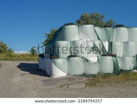 Rolls of  silage (silo). Type of fodder made from green foliage crops preserved by acidification, achieved through fermentation.  Food reserve for ruminants. Rural landscape in West Sweden. Royalty-Free Stock Photo #2184794317