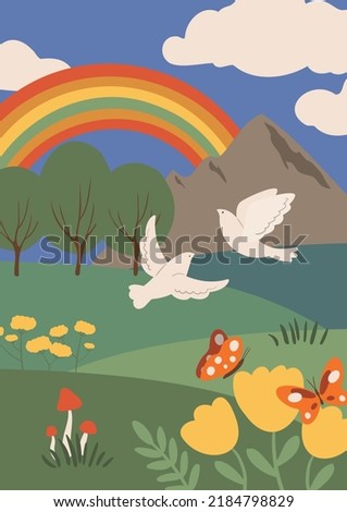 Cards with groovy landscape clipart, Backgrounds with abstract mountains, retro waves clip art, Postcard designs with colorful abstract shapes, Vector illustration in flat style.