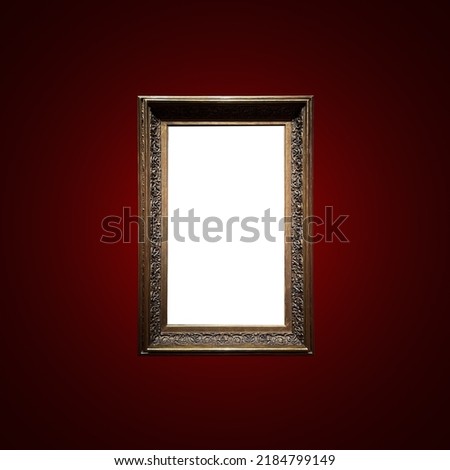 Antique art fair gallery frame on royal red wall at auction house or museum exhibition, blank template with empty white copyspace for mockup design, artwork concept Royalty-Free Stock Photo #2184799149