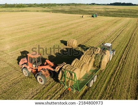 Hay Making in autumn season. Farmer loading round bales of straw from Hay Trailer with a front end loader. Store hay at farm. Hay rolls as Forage feed for livestock. Royalty-Free Stock Photo #2184800973