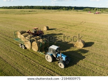Hay Making in autumn season. Farmer loading round bales of straw from Hay Trailer with a front end loader. Store hay at farm. Hay rolls as Forage feed for livestock. Royalty-Free Stock Photo #2184800975