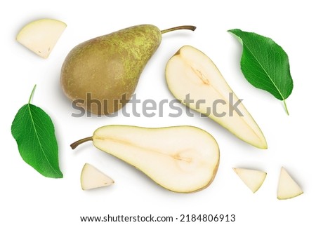 Green conference pear isolated on white background with full depth of field. Top view. Flat lay
