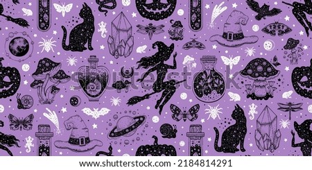 Halloween seamless pattern. Vector background with pumpkin cat witch hat potion. Cute autumn design. Black spooky wallpaper illustration. Scary holiday horror sketch art. Magic halloween pattern print
