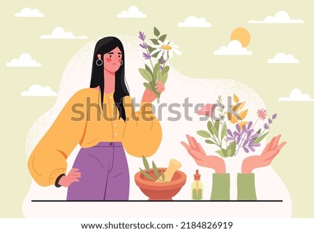 Herbal medicine concept. Young girl with plants, woman chooses for herself analogues of medicines. Folk medicine, poster or banner for website. Floristry and botany. Cartoon flat vector illustration Royalty-Free Stock Photo #2184826919
