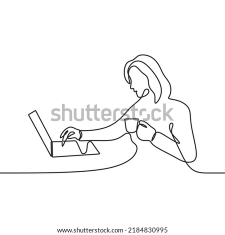 women white laptop continuous drawing single line art