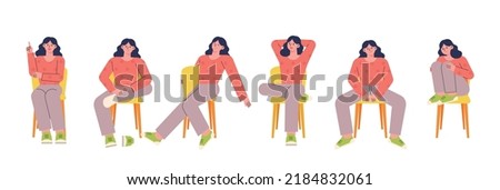 Various postures of a woman sitting on a chair. flat design style vector illustration.