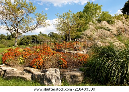 A beautiful early fall picture of a park in Hamilton Canada under sunny sky. 