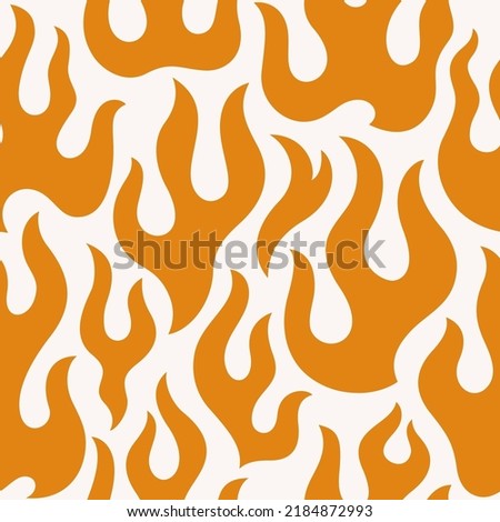Groovy Orange Flame Seamless Pattern. Abstract Fire Vector Background in 1970s Hippie Retro Style for Print on Textile, Wrapping Paper, Web Design and Social Media.