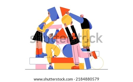 People work together set up abstract geometric shapes. Businesspeople teamwork, communicate, corporate teambuilding, collaboration, cooperation, partnership, Linear cartoon flat vector illustration Royalty-Free Stock Photo #2184880579