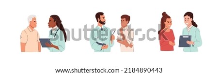 Male and female doctors talking with patients using tablet on consultation. Physicians and people of different race and age. Colored flat vector illustration isolated on white background Royalty-Free Stock Photo #2184890443