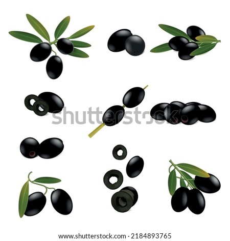 Black olives realistic set with isolated images of olives with buds leaves sliced and on stick vector illustration Royalty-Free Stock Photo #2184893765