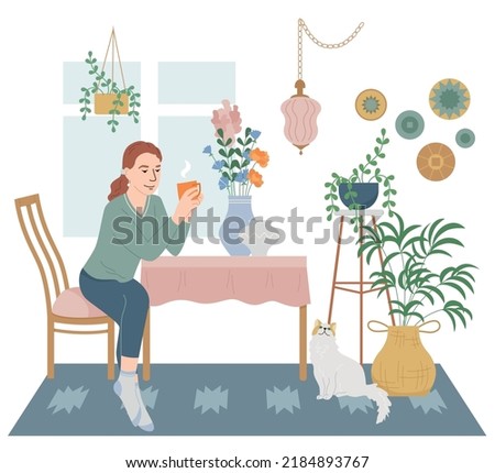 Lagom life flat composition with indoor view of house room with hanging plants cat and woman vector illustration