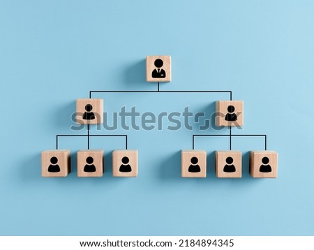 Company hierarchical organizational chart of wooden cubes on blue background. Human resources management and business concept Royalty-Free Stock Photo #2184894345