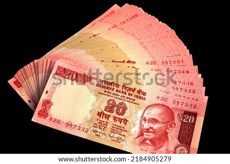 New Indian twenty rupees notes in a sequence Royalty-Free Stock Photo #2184905279