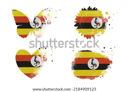 Sublimation backgrounds different forms on white background. Artistic shapes set in colors of national flag. Uganda