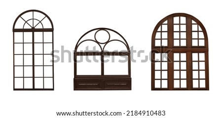 Beautiful wooden arch window frames on white background, collage. Banner design Royalty-Free Stock Photo #2184910483