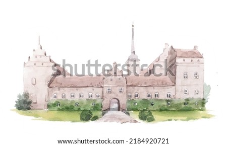 Beautiful stock illustration with watercolor hand drawn castle palace mansion old european building. Clip art.