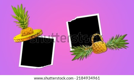Photo frames, summer girly hat and woman bag made of pineapple  against gradient pink and purple background. Original pineapple decoration. Creative summer idea. Fruit concept. Photo frame, album.