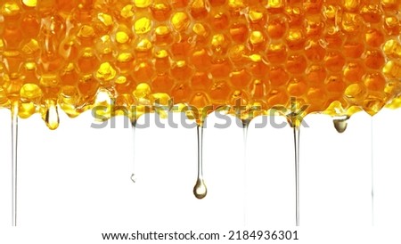 Honey dripping from honey comb on white background. Macfro shot of honey drop dipping from the honeycomb. Healthy food concept, diet, dieting Royalty-Free Stock Photo #2184936301