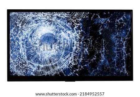 Black tv display or pc screen with broken screen isolated on white background