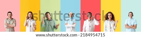 Set of technical support agents on color background Royalty-Free Stock Photo #2184954715