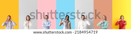 Set of technical support agents on color background Royalty-Free Stock Photo #2184954719