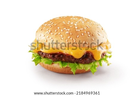 Delicious Melted Cheese Beef Burger consists of Bun Bread, Patty, Pickle, Onion, Mayonnaise, Ketchup and Melted Red Cheddar Cheese in a white background Royalty-Free Stock Photo #2184969361