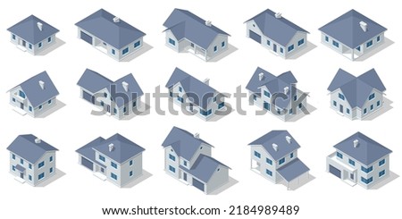 Isometric big set of low villas. Various types of villas. Country house