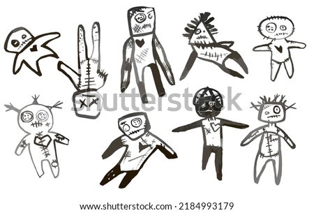 Line Drawing Freehand Voodoo Dolls Patchwork Handmade Style. Witch Set Design For Halloween. Ritual Doll With Needles Cartoon Style. Illustration For Children's Book Logo Frightening Black Line